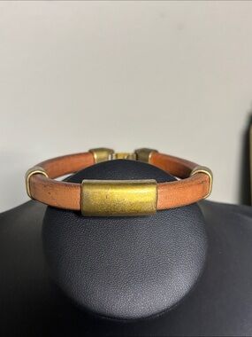 Vintage Chunky Leather Bracelet Brass Accents - Tan Western Boho